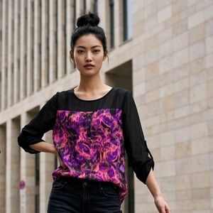 Wrangler Rock 47 Women's Sheer Western Blouse Colorful Roll Tab Sleeve Top
